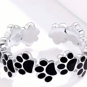 Paw Print Stainless Steel Silver and Black Paw Print Adjustable Ring Size 6-9